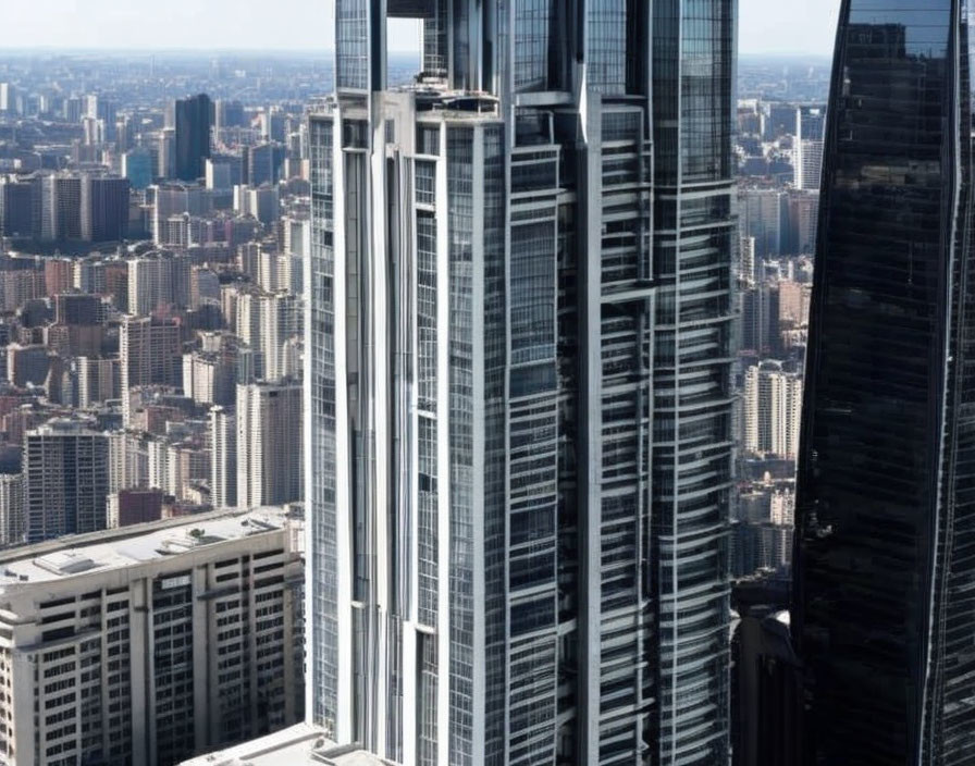 Modern glass skyscraper in cityscape with other buildings.