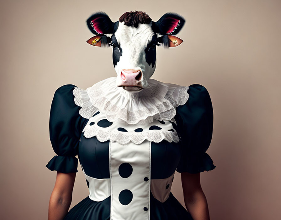 Surreal artwork: person with cow's head in polka-dot dress