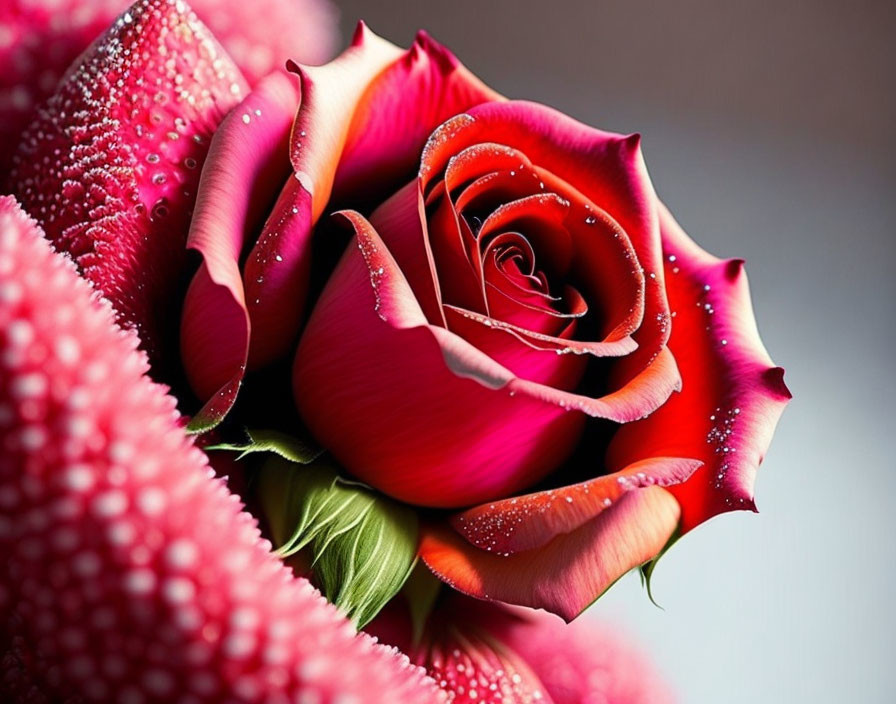 Vibrant red rose with dew drops on blurred pink background