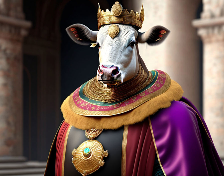 Regal cow with gold accents in grand hall