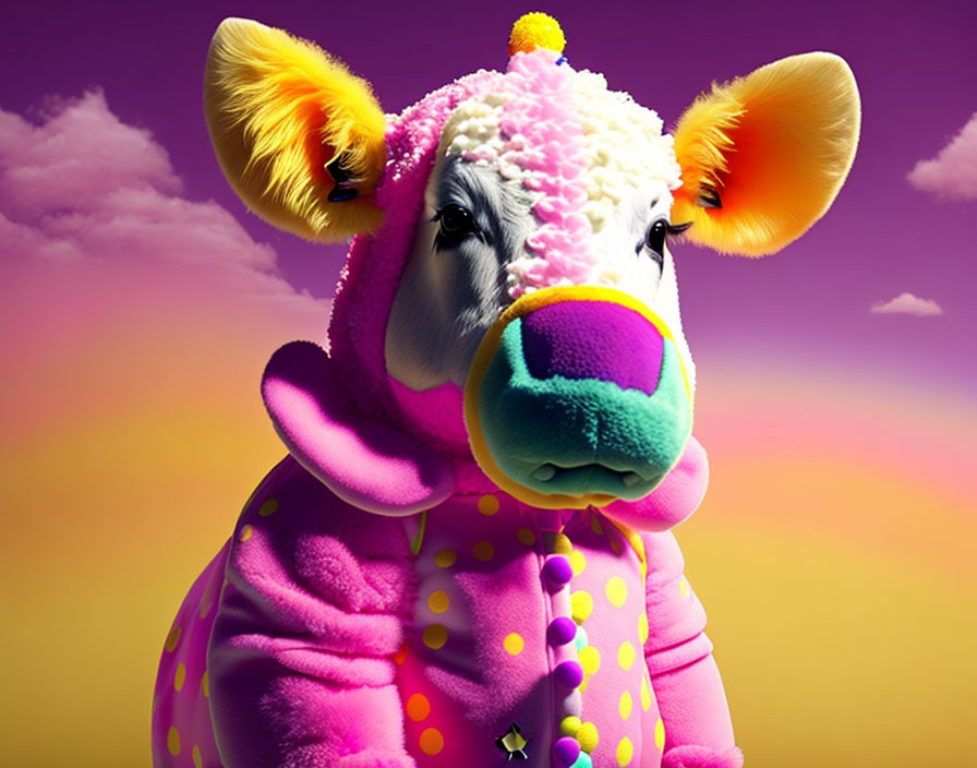 Whimsical cow character in pink and yellow outfit with fleece-like texture on vibrant sunset sky