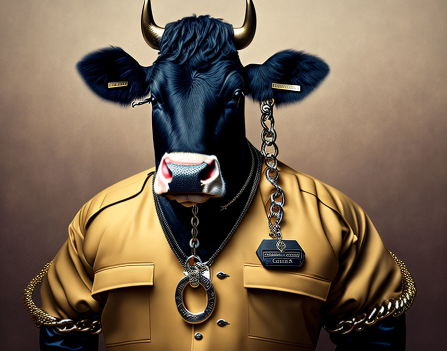 Anthropomorphic bull with nose ring in beige shirt and gold chains