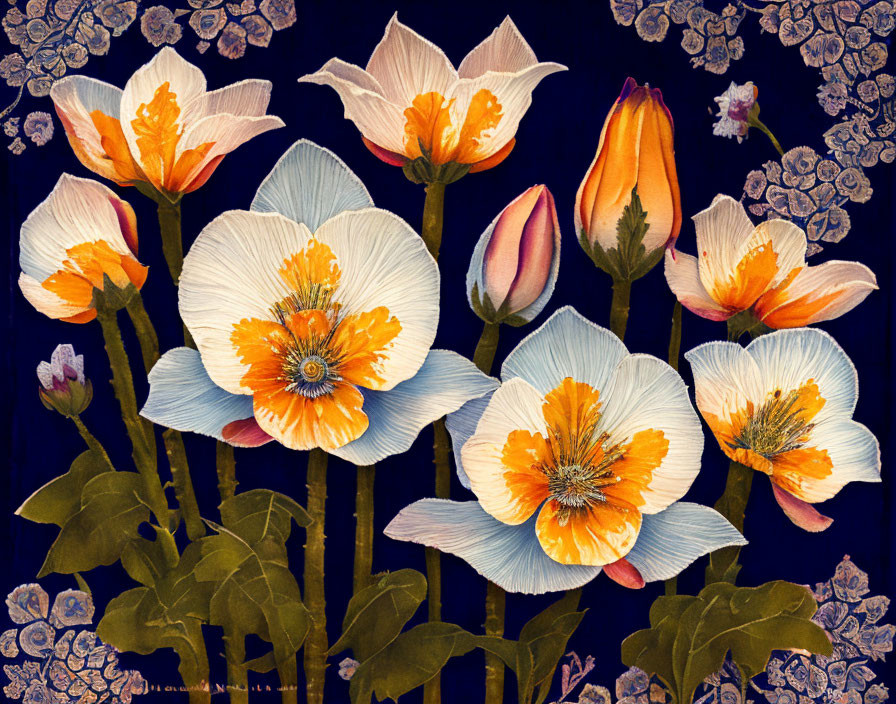 Colorful Floral Painting: Orange and White Flowers on Dark Blue Background