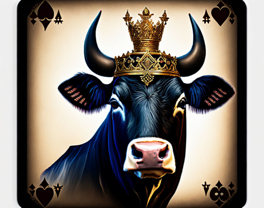 Stylized black bull with golden crown surrounded by card symbols on brown background