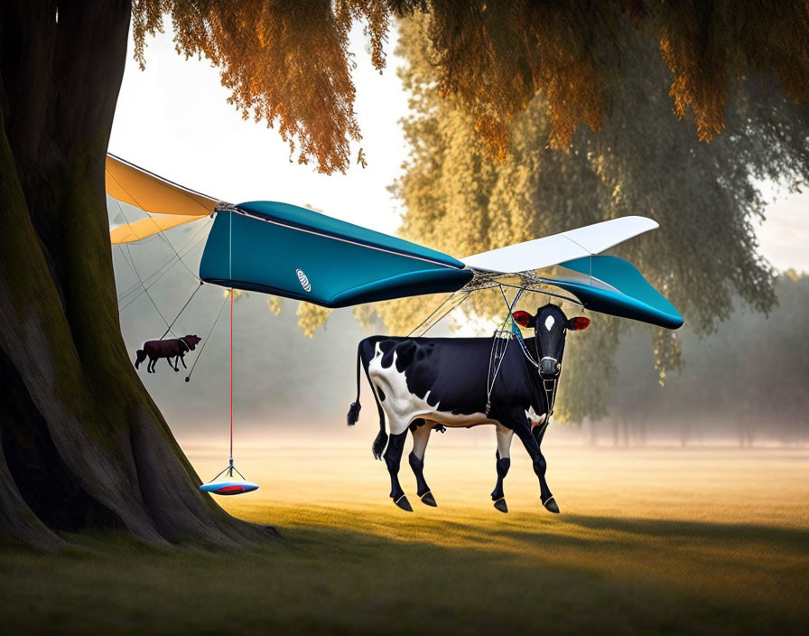 Cow with hang glider "flying" in misty park