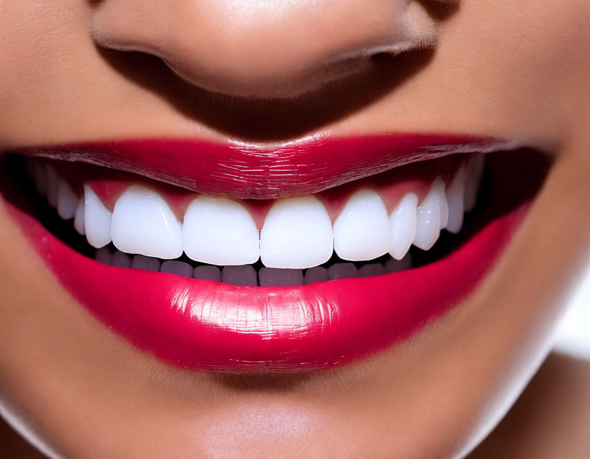 Person's Smile with White Teeth and Red Lipstick Close-up