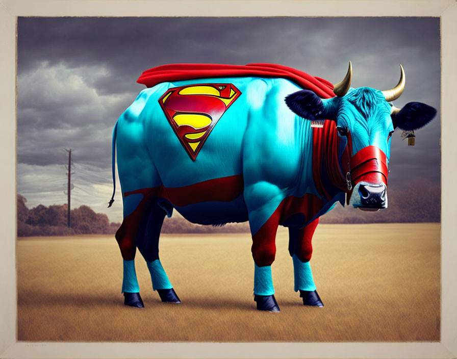 Cow in Superman Costume Standing in Desolate Landscape