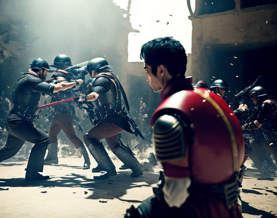 Armored warriors clash in intense battle scene.