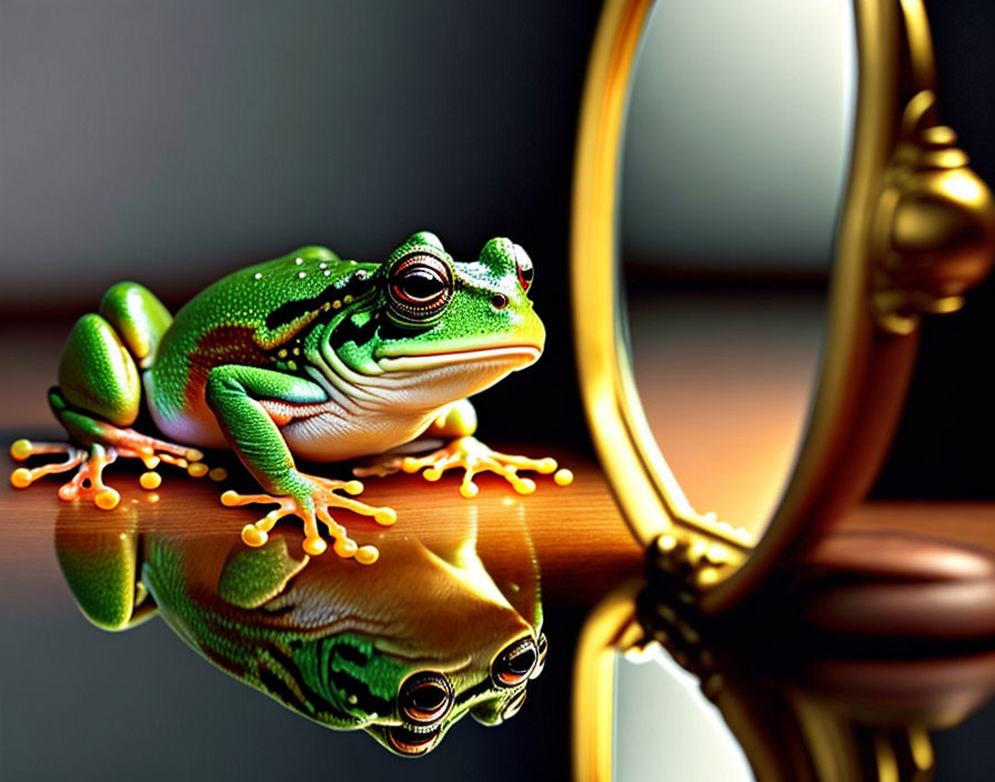 Reflective green frog beside golden-rimmed mirror in smooth surface