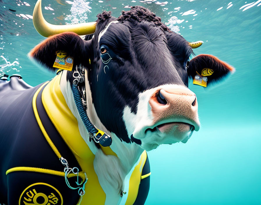 Cow in scuba diver costume underwater with yellow suit and black spots