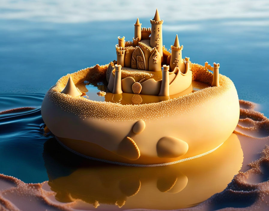 Intricate sandcastle with towers and turrets on floating inflatable ring