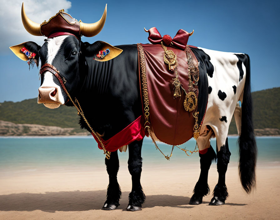 Decoratively adorned cow on beach with red blanket & accessories