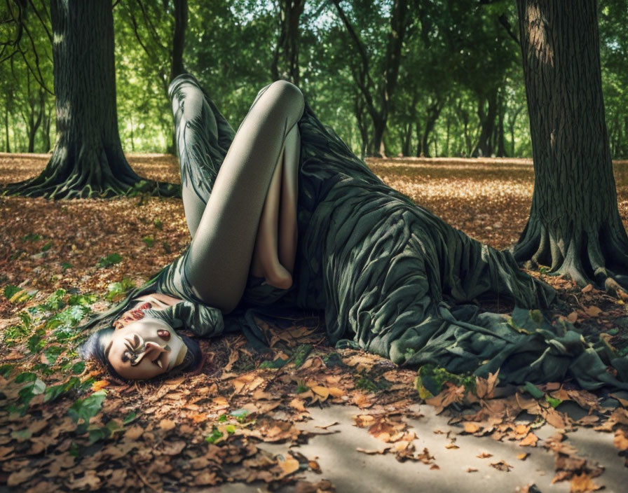 Person in green outfit lying with legs against tree in forest with fallen leaves