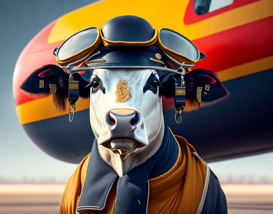 Cartoon cow with aviator goggles and jacket next to airplane.