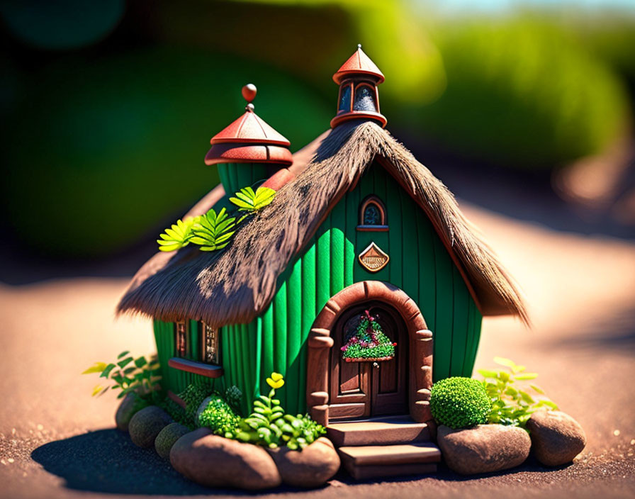 Miniature Green Thatched Roof House in Sunlit Setting