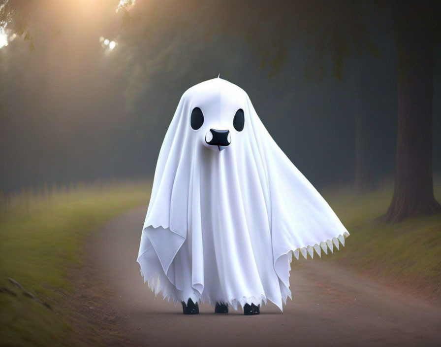 Cartoon-Style Ghost Floating in Misty Forest Pathway