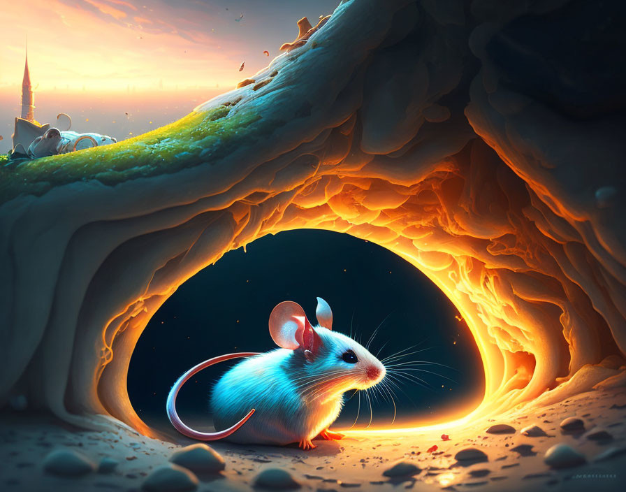 Mouse at Burrow Entrance Observing Glowing Landscape