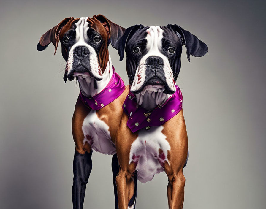 Two boxer dogs in purple bandanas and studded collars pose against gray backdrop