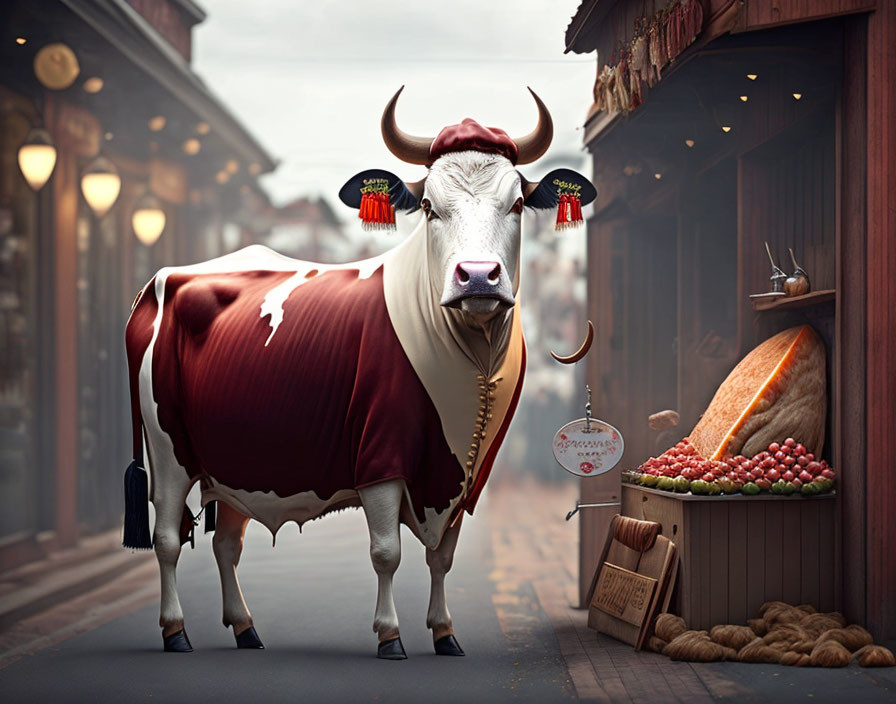 Surreal image: Large bull with groomed coat on quaint street
