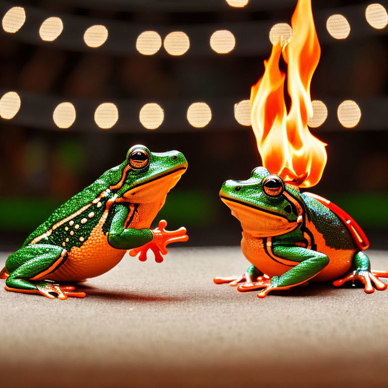 Vibrant green and orange frogs with fire between them on bokeh background