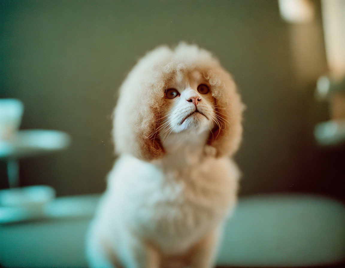 Fluffy Light-Colored Cat with Lion-Style Haircut and Teacup Background