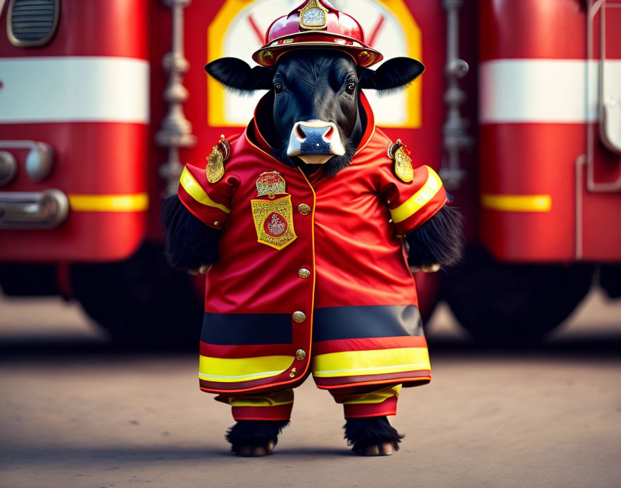 Anthropomorphic cow in firefighter attire by fire engine