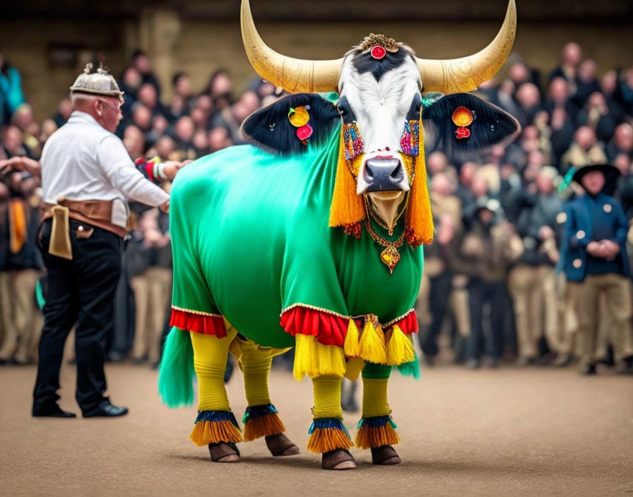 Colorfully dressed bull paraded by man in traditional attire.