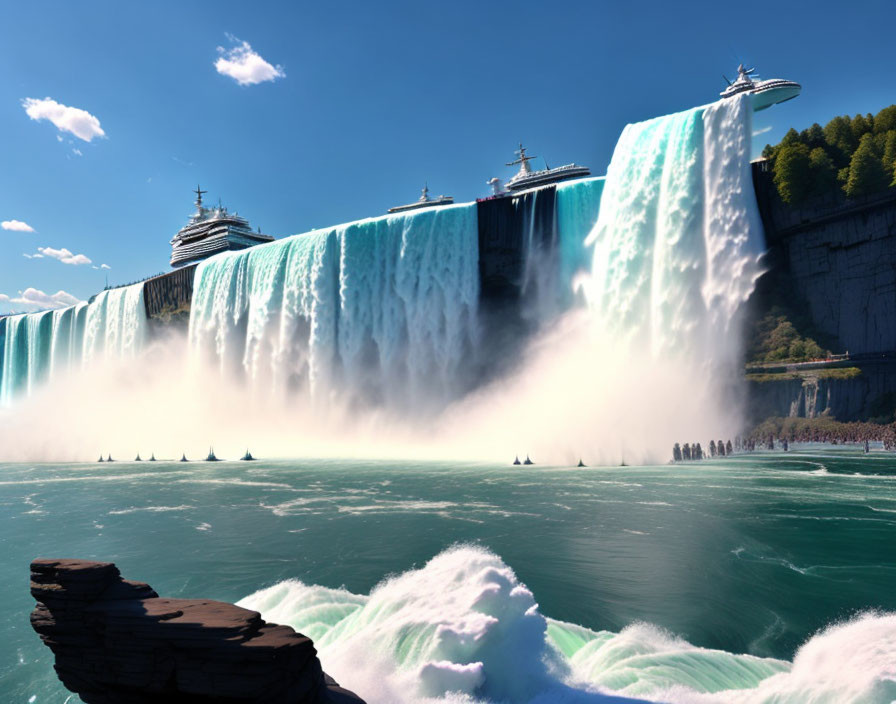 Digitally altered image of oversized cruise ships at Niagara Falls