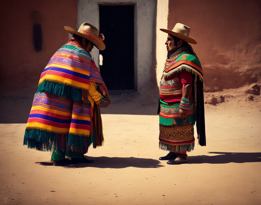 Traditional individuals in colorful attire and wide-brimmed hats on sunny day.