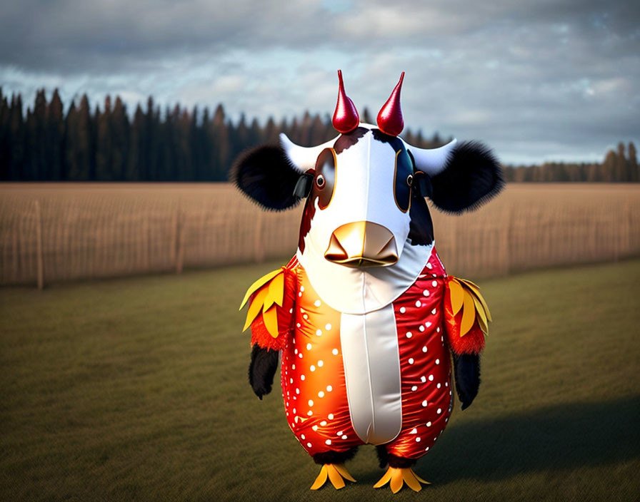 Colorful cartoon chicken with white face and polka-dotted body in a field at dusk