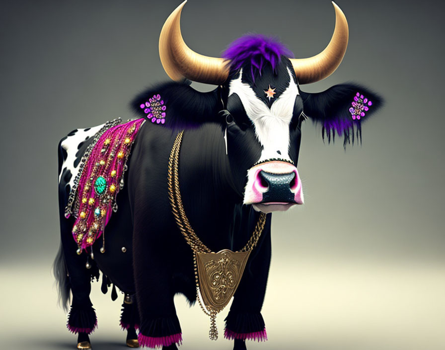 Decorated Bull Illustration with Purple Highlights and Cultural Adornments