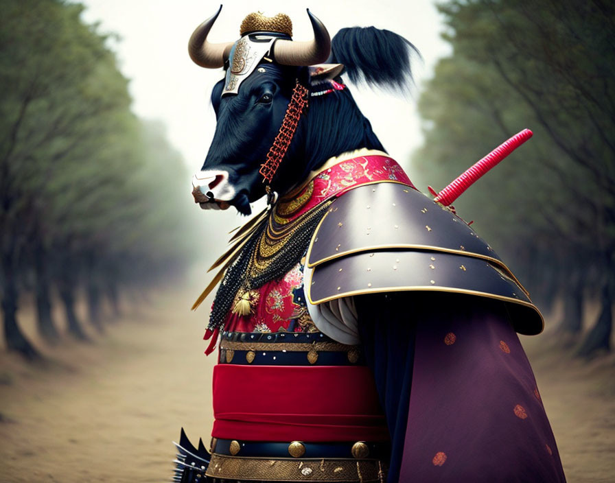 Digitally altered image: Bull in samurai armor on misty path