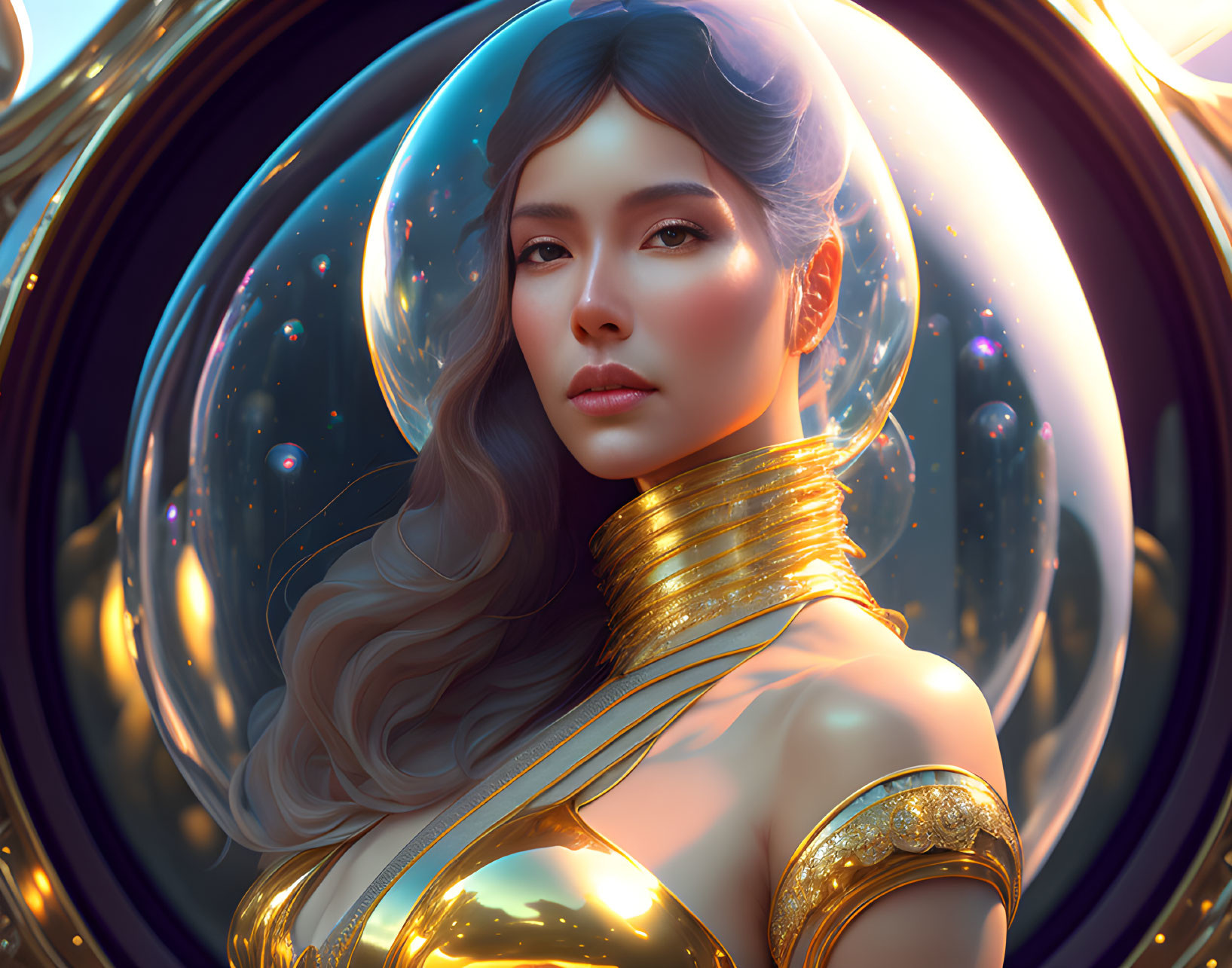 Ethereal woman portrait with golden accessories on cosmic backdrop