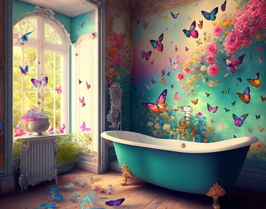 Colorful Butterfly and Flower-themed Turquoise Bathtub Bathroom