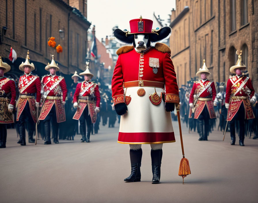 Elaborate bull costume with British Royal Guards-like uniform in focus