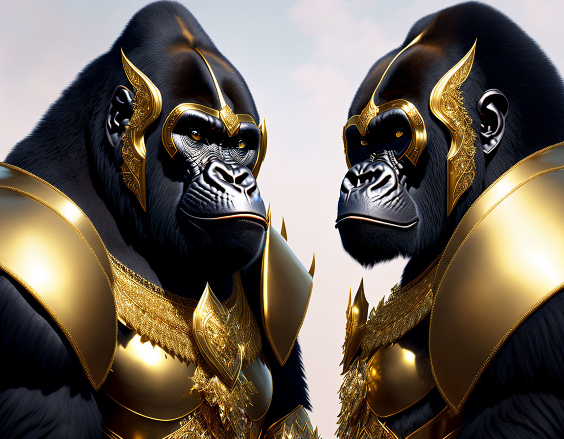 Detailed golden-armored gorillas on reflective background display power.