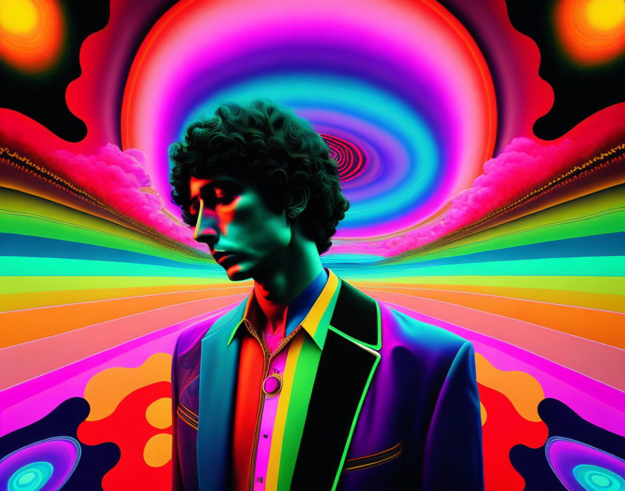 Curly-Haired Man in Colorful Suit Against Psychedelic Spiral Background