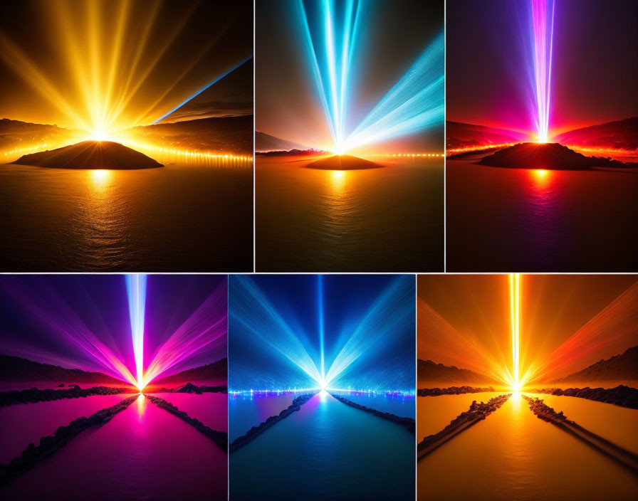 Collage of Dramatic Light Beams Over Water in Yellow to Purple Gradients