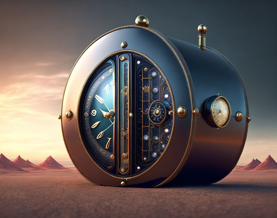 Ornate surreal steampunk clock in desert landscape