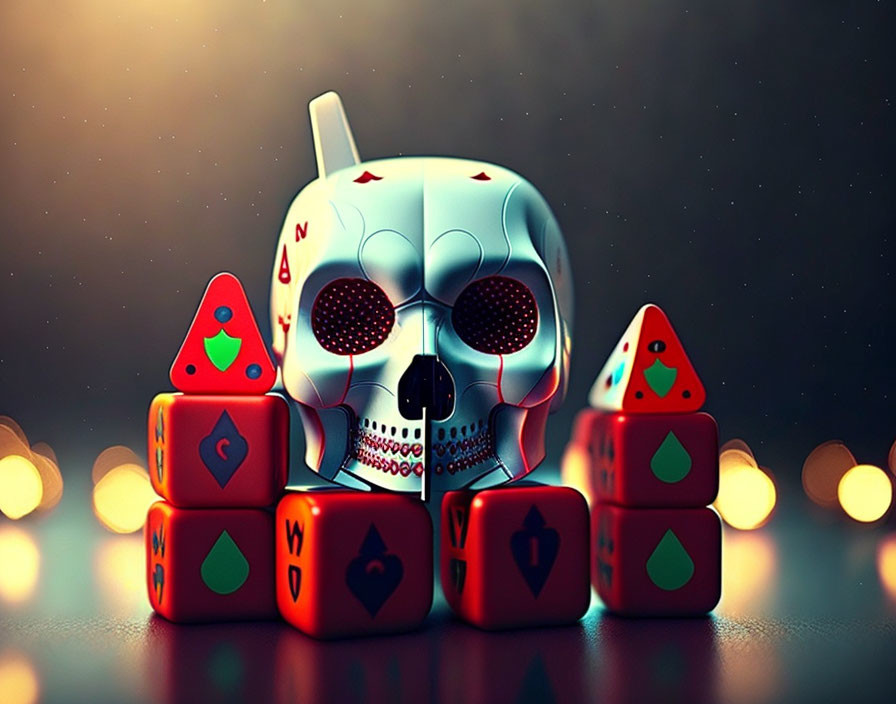 Skull Decor with Card Suits and Dice on Bokeh Background