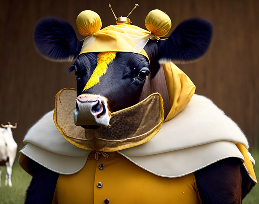 Whimsical digital art: Cow in bee costume on grassy backdrop