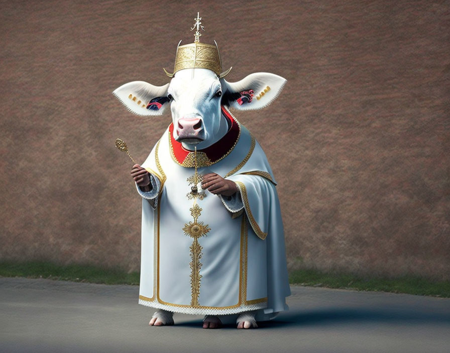 Cow in religious vestments standing upright with scepter - Digital artwork