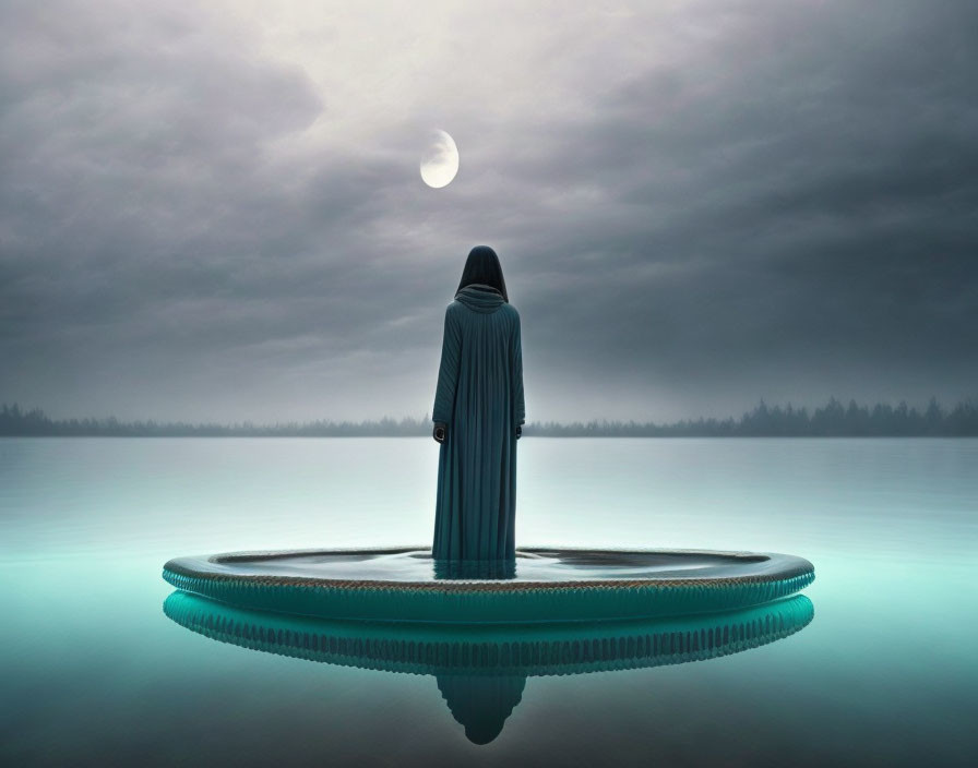 Cloaked Figure on Circular Water Platform Under Crescent Moon