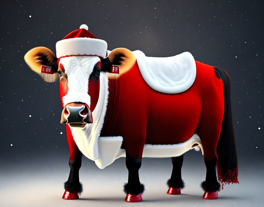 Cow in Santa Suit Digital Illustration on Snowy Night