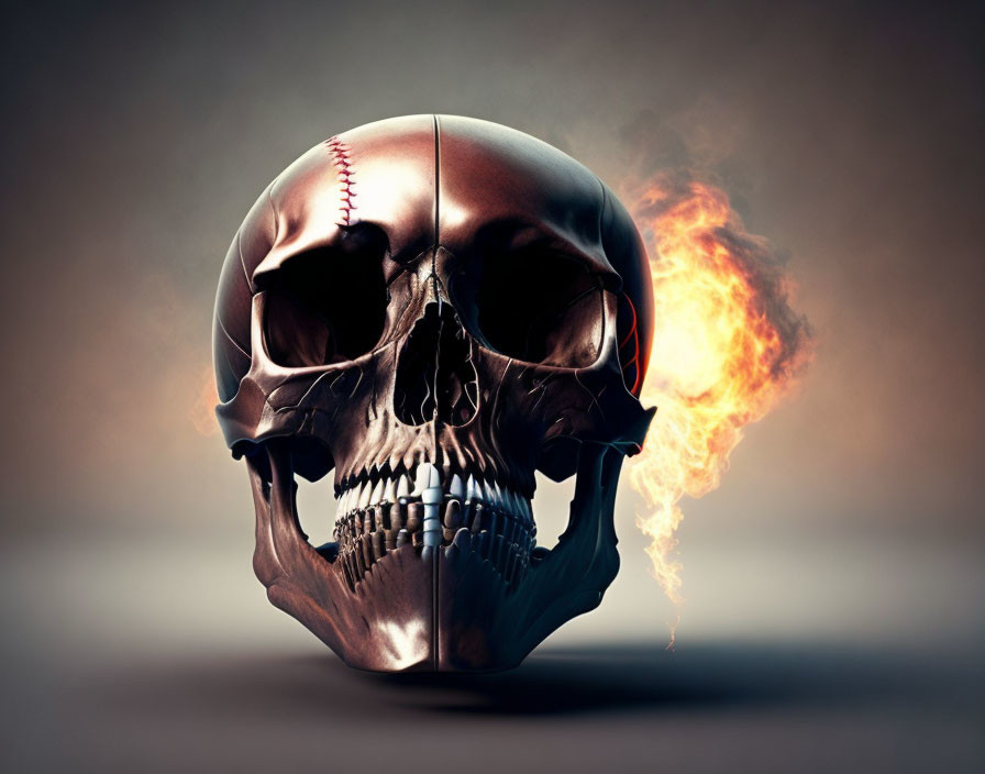 Digital artwork: Skull with zipper and flames on neutral background