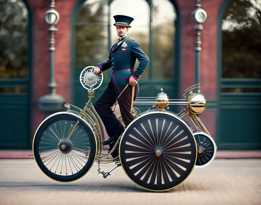 Person in ornate uniform rides vintage tricycle with decorative elements