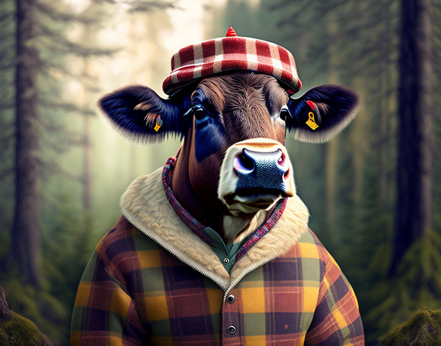 Cow in Plaid Shirt and Hat with Forest Background