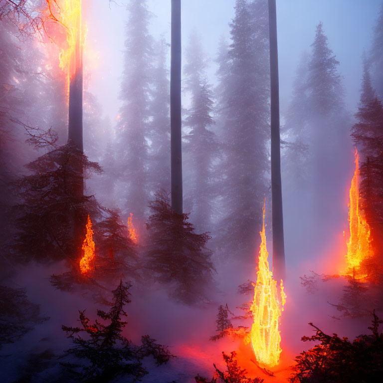 Misty forest with eerie red light among trees