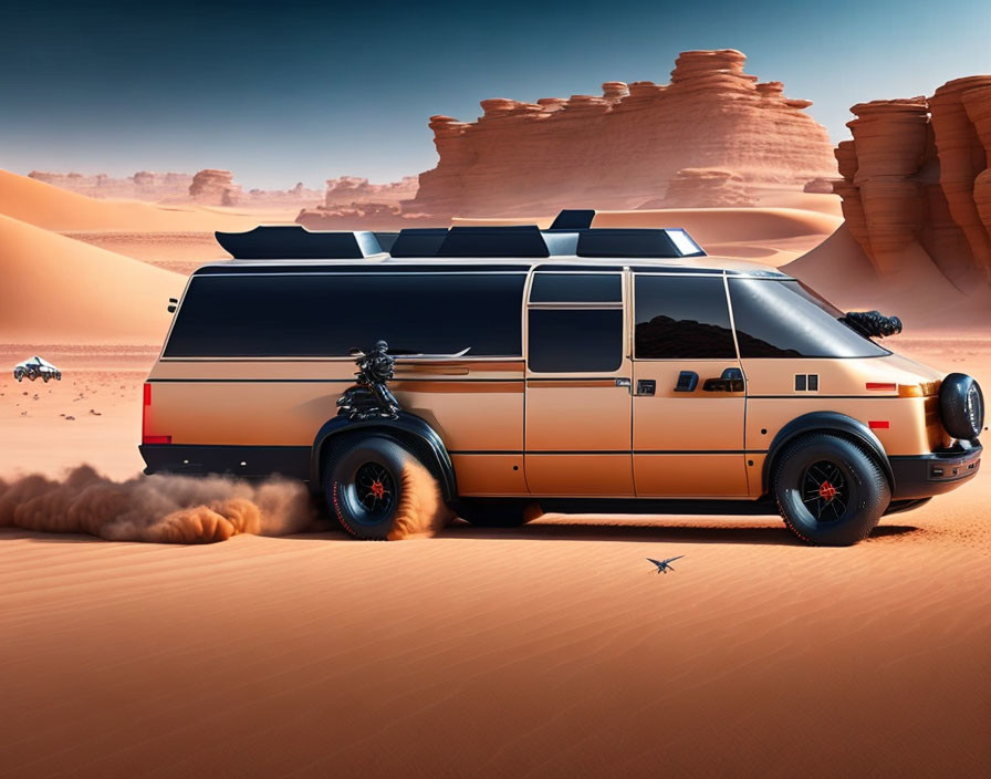 Solar-powered van in desert with drones and rock formations