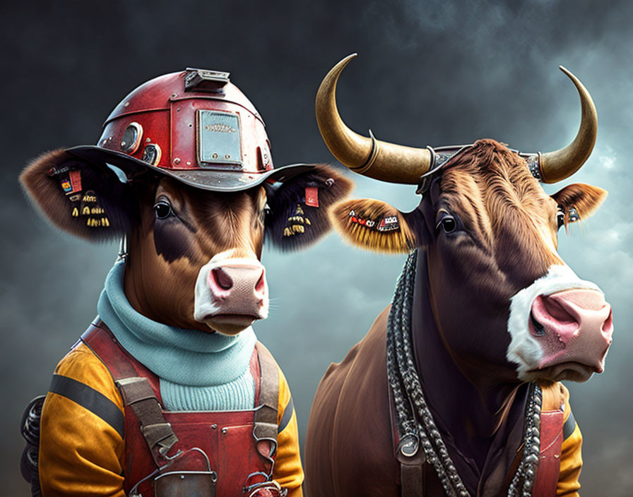 Two cows with human-like features in astronaut and chain necklace attire against a moody sky